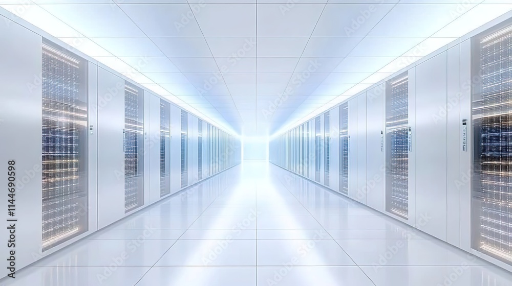 A white, modern server room with rows of advanced data center equipment, including hard disk drive shelves and virtual reality machines