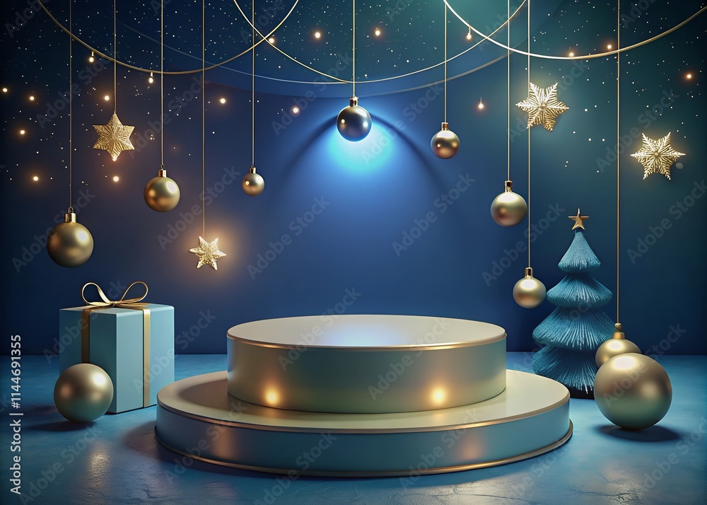 christmas background with ribbon Christmas tree, deer, star and ornament on the stage. Perfect for product display, mockups, showrooms and showcases. christmas background with ribbon Christmas tree, deer, star and ornament on the stage. Perfect for product display, mockups, showrooms and showcases.