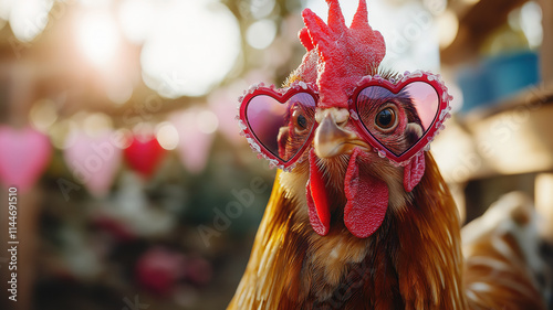 Cute Chicken with Heart-Shaped Sunglasses and Love Decorations Celebrating Valentine's Day
