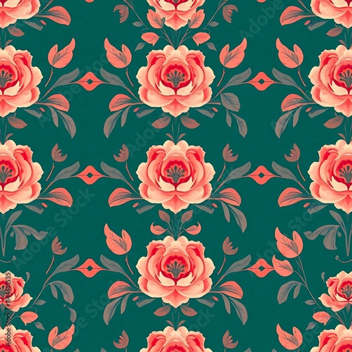 Wallpaper Mural Floral Teal Pattern: A delicate and enchanting seamless pattern featuring blooming pink flowers and lush green foliage against a vibrant teal background. Torontodigital.ca