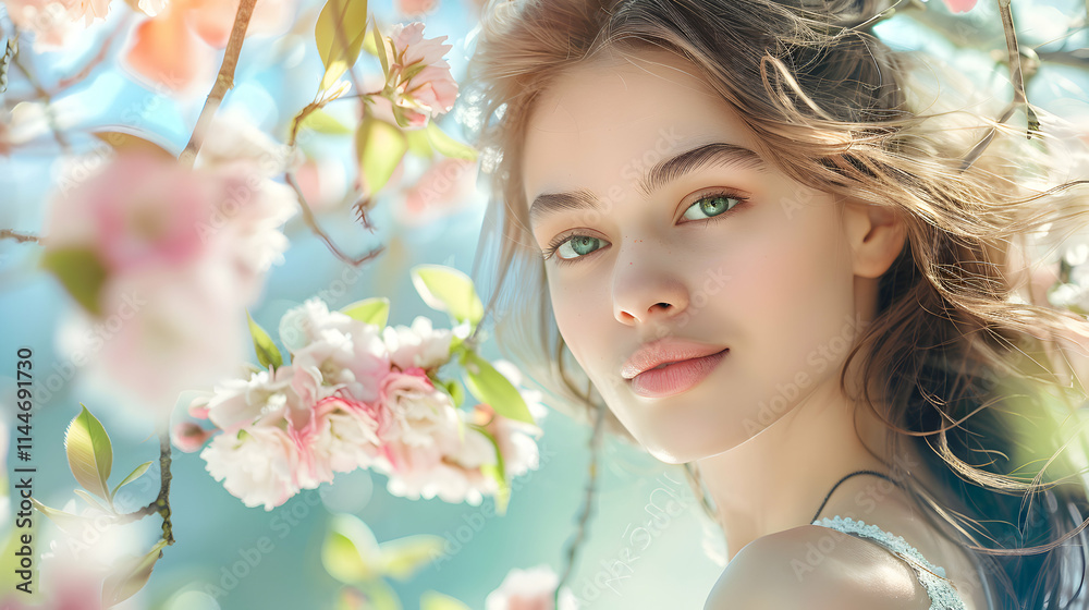 Young Woman with Green Eyes Surrounded by Blossoming Flowers Young Woman with Green Eyes Surrounded by Blossoming Flowers