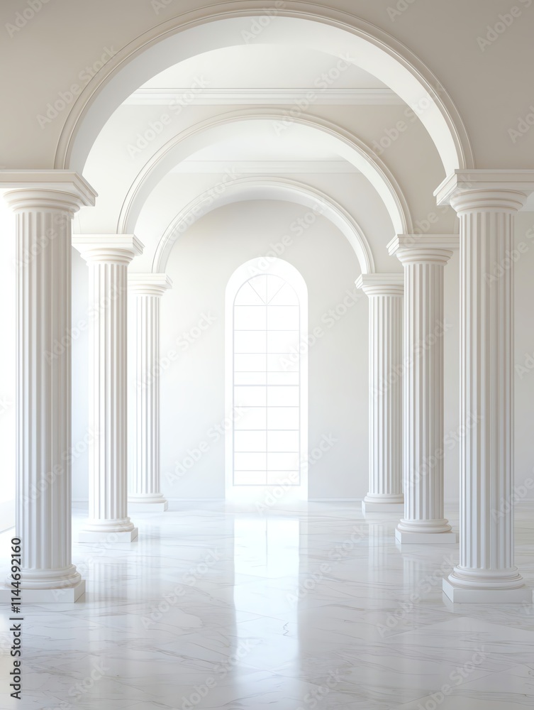 A serene space featuring white columns and arches, illuminated by natural light, creating a minimalist and elegant atmosphere. A serene space featuring white columns and arches, illuminated by natural light, creating a minimalist and elegant atmosphere.