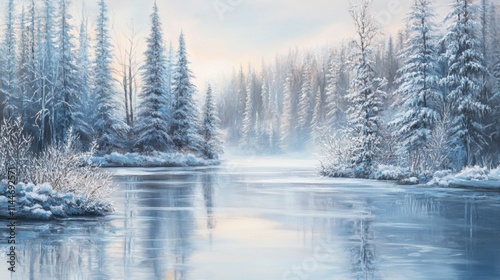 Frosty riverbank surrounded by snow-covered reeds and trees, reflecting icy blue and silver tones under the gentle morning light, evoking a serene winter landscape of frozen tranquility.