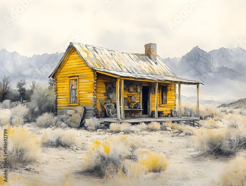 Weathered golden hued prospector s cabin nestled in a remote mountainous landscape the rugged terrain and isolated setting conveying a sense of solitude and self reliance photo