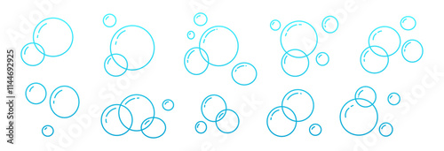 Hand drawn doodle of soap bubbles and foam in the air, bath or soda. Icons for water and soda. Flat vector illustration isolated on white background.