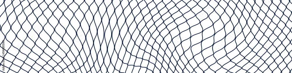 Seamless fishnet pattern with mesh texture and diamond grid. Black and white lace design for soccer, fishing, and web backgrounds. Flat vector illustration isolated on white background.