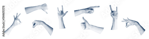 Collage Grunge hand graphic set with retro halftone and punk elements. Pop art design with fingers and crazy signs. Flat vector illustration isolated on white background.