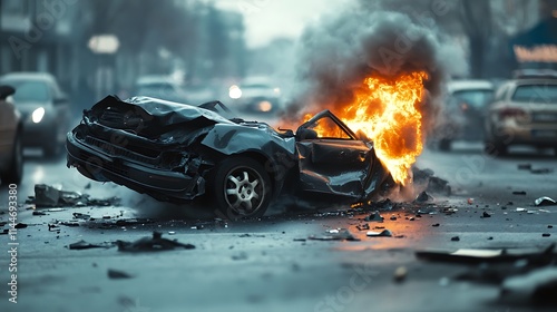 Fiery Car Crash Aftermath on a Busy City Street. AI Generated