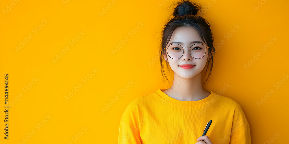 Young Woman in Yellow Sweater Holds Pen, Smiling Brightly Against Vibrant Yellow Background: Positive, Optimistic, Cheerful, and Stylish Young Woman in Yellow Sweater Holds Pen, Smiling Brightly Against Vibrant Yellow Background: Positive, Optimistic, Cheerful, and Stylish