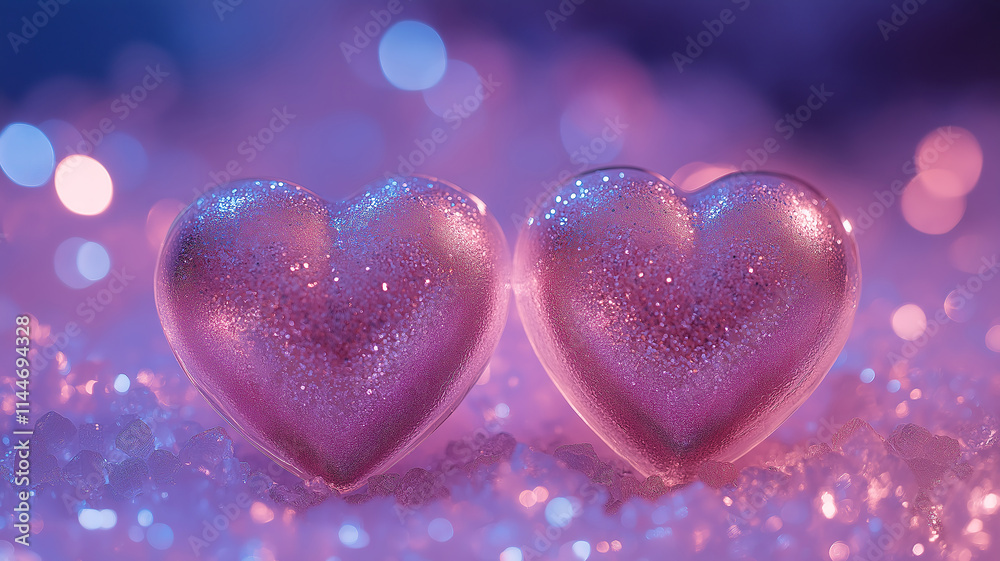 Glittering Pink Background with Two Hearts Capturing Valentine's Day Romance Glittering Pink Background with Two Hearts Capturing Valentine's Day Romance