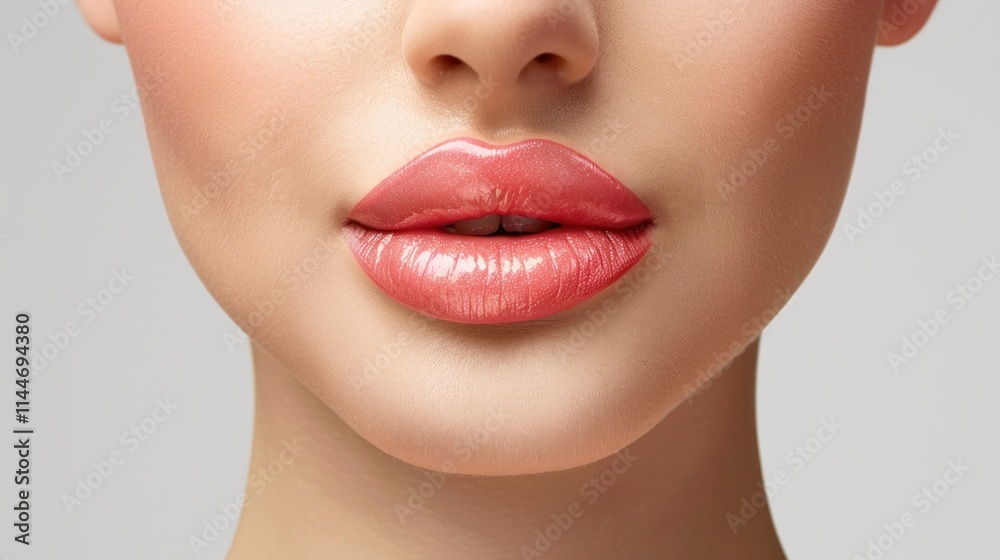 Obraz premium Close-up of women's lips with red lipstick on a white background