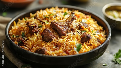 Deliciously plated biryani dish wide shot photo in dark bowl. AI Generated