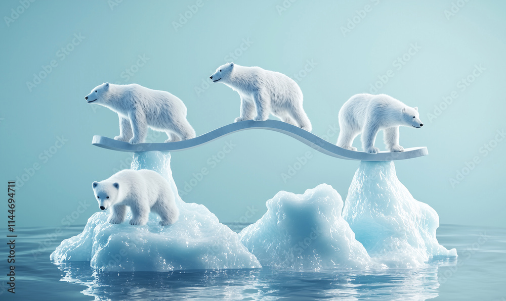 Naklejka premium A serene scene depicting polar bears balancing on icebergs, highlighting the fragility of their habitat in a tranquil, icy environment.