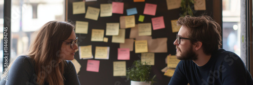 A scene of two individuals sitting across from each other at a table covered with colorful sticky notes, engaging in a deep, meaningful conversation.