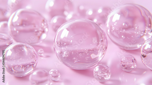 Pink Spheres, Glistening Bubbles on Soft Surface, Reflecting Light Beautifully, creating a dreamy aesthetic.