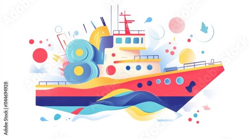 Vibrant and Colorful Illustration of a Cartoon Style Ship Navigation and Exploration Concept with Playful Design Elements and Abstract Background