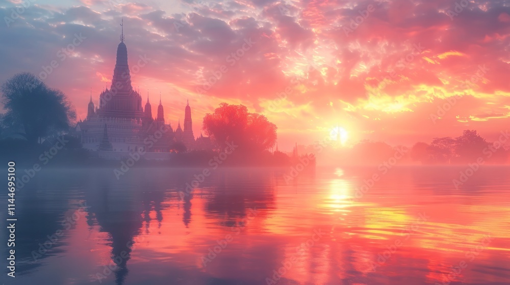 Fototapeta premium Breathtaking sunset scene over a serene tranquil lake with the silhouette of a magnificent temple complex reflected in the still waters A dramatic vibrant sky filled with fiery hues of orange red