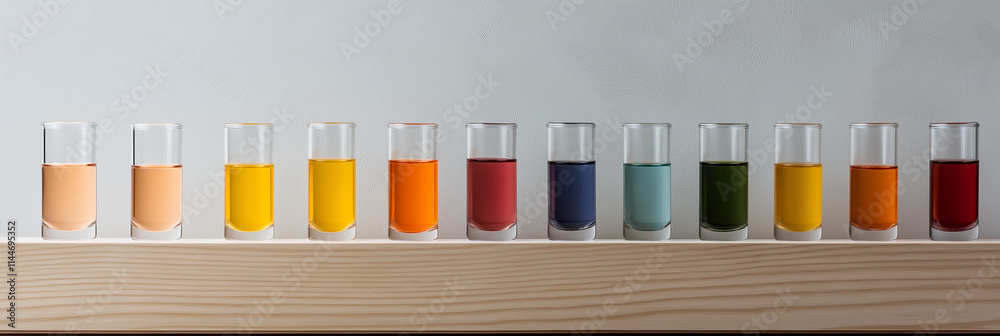 A row of glass tubes filled with colorful bright liquids is neatly arranged on a wooden shelf, representing creativity and scientific exploration in vibrant hues. A row of glass tubes filled with colorful bright liquids is neatly arranged on a wooden shelf, representing creativity and scientific exploration in vibrant hues.