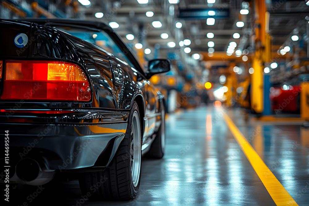 Sleek Black Convertible in Factory Setting, Reflecting Lights, Showing Detail, Exuding Luxury and High-Performance. Sleek Black Convertible in Factory Setting, Reflecting Lights, Showing Detail, Exuding Luxury and High-Performance.