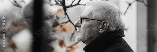 An elderly man gazes thoughtfully at his reflection, captured in a monochrome tone, evoking introspection and nostalgia amid an artistic representation of time's passage.