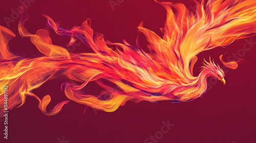 Orange-red phoenix-like flames on a deep red background. Phoenixlike. Illustration