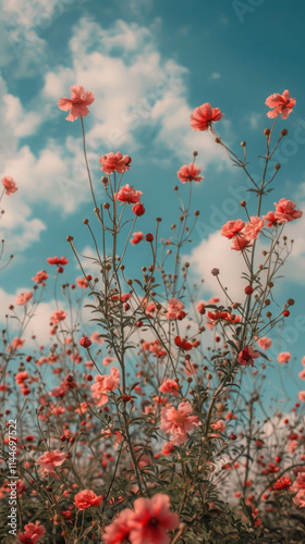 vibrant field of pink flowers against blue sky with fluffy clouds, creating serene and uplifting atmosphere