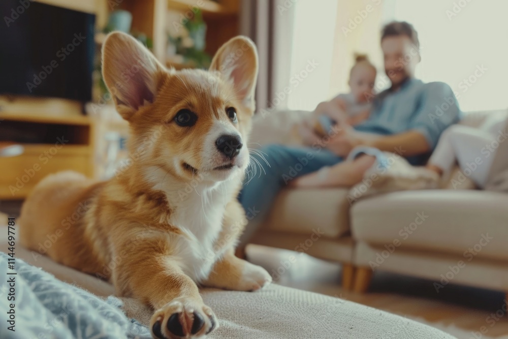 Happy family on sofa and puppy in living room Happy family on sofa and puppy in living room