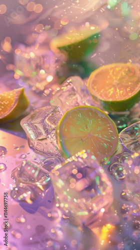 Fresh limes and ice cubes create refreshing scene in sparkling water, evoking vibrant and lively atmosphere