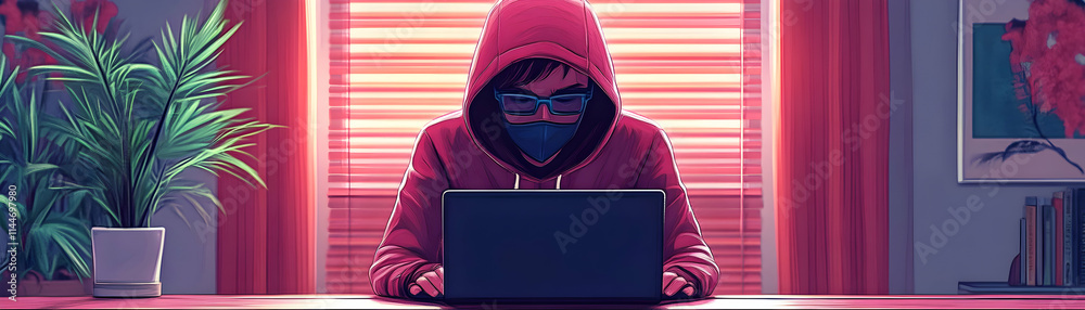 Masked Figure Working on Laptop at Home, Evening Light, Privacy, Cybersecurity Masked Figure Working on Laptop at Home, Evening Light, Privacy, Cybersecurity