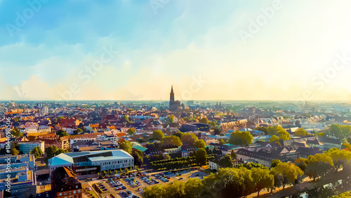 Strasbourg, France. Watercolor illustration. Strasbourg Cathedral - Built in the Gothic style, the cathedral of the 13th century. Summer morning, Aerial View photo