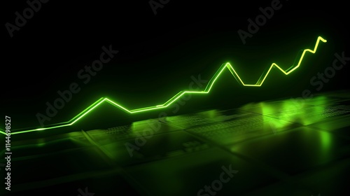 Vibrant stock graph with neon green line depicting upward trend against sleek black background