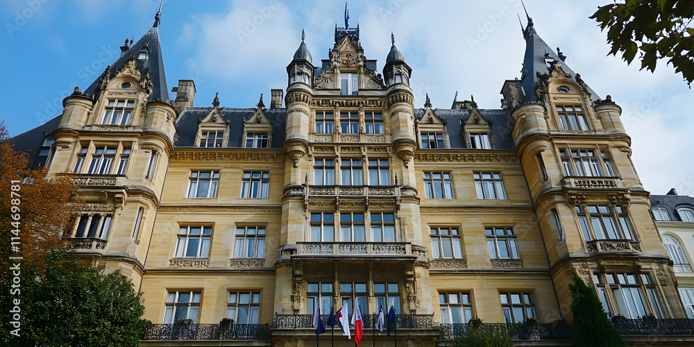 Fototapeta premium Grand Chateau, European Palace Architecture, Exquisite Stonework & Intricate Detailing. Majestic Building, Showcasing opulence & Grandeur, Situated amidst Lush Greenery.