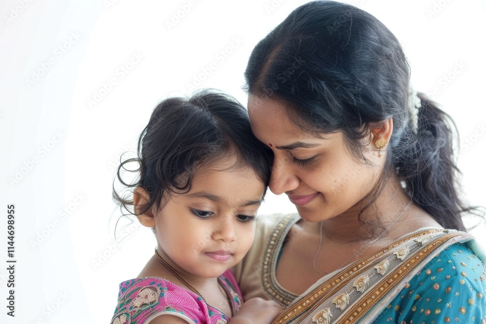 Indian mother with her daughter on white background Indian mother with her daughter on white background