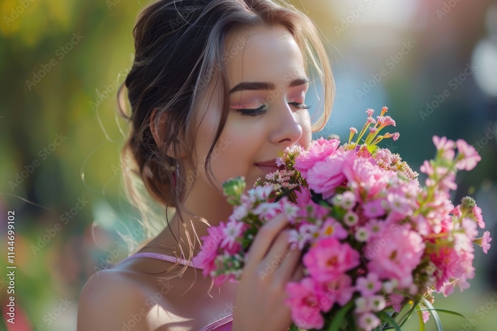 Happy woman in pink dress holding spring flowers on Womens Day. Happy woman in pink dress holding spring flowers on Womens Day.