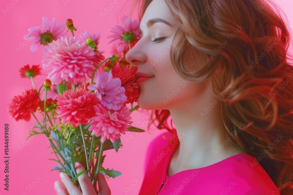 Naklejka premium Happy woman in pink dress holding spring flowers on Womens Day.