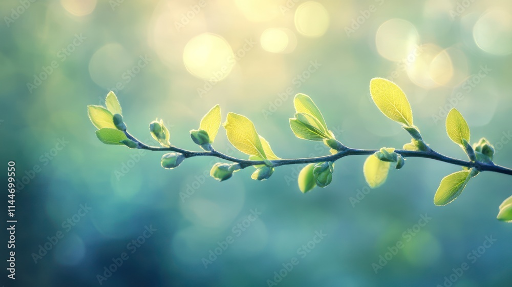 Obraz premium Illustration of Green leaves on a branch with a blurred blue background. Ai generated image