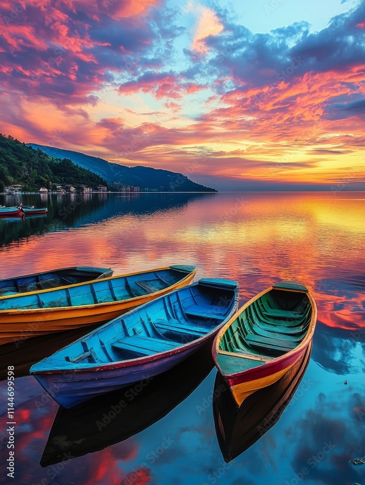 Fototapeta premium Colorful Boats at Sunset - Serene sunset, colorful boats, calm water, vibrant sky, peaceful scene.