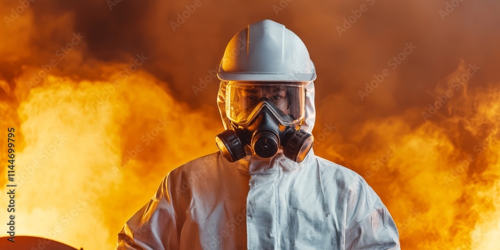PM2.5 pollution and mask concept. Firefighter in protective gear against a fiery background. PM2.5 pollution and mask concept. Firefighter in protective gear against a fiery background.