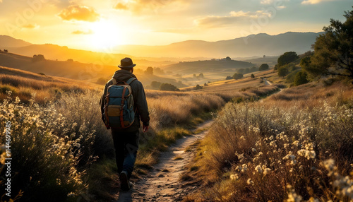 Peregrinos haciendo el Camino de Santiago. Excursionistas en un día soleado