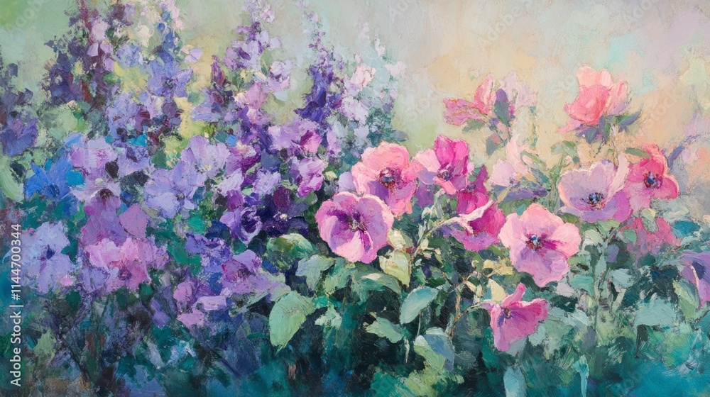 Vibrant Floral Composition with Pink and Purple Blooms in Garden Vibrant Floral Composition with Pink and Purple Blooms in Garden