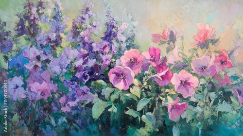 Vibrant Floral Composition with Pink and Purple Blooms in Garden