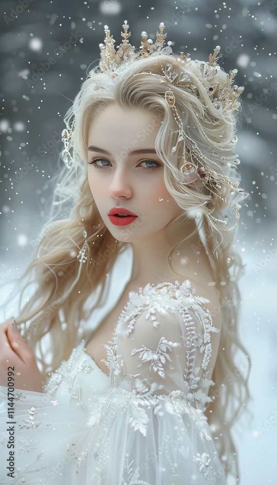 A captivating image of a blonde princess in snow, adorned in a white gown and sparkling crown A captivating image of a blonde princess in snow, adorned in a white gown and sparkling crown