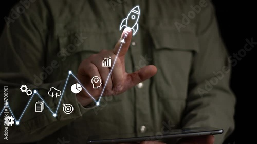 Startup business trend growth concept, improve development chart of company. Graph upward arrow grow up. Plan best sale performance return on investment stock, opportunity success challenge strategy.