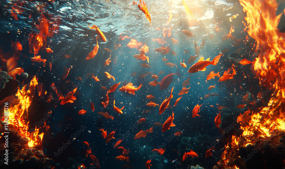 Underwater ecosystem crisis fish and flames highlight global warming effects on marine life ocean depths digital art dramatic scene Underwater ecosystem crisis fish and flames highlight global warming effects on marine life ocean depths digital art dramatic scene