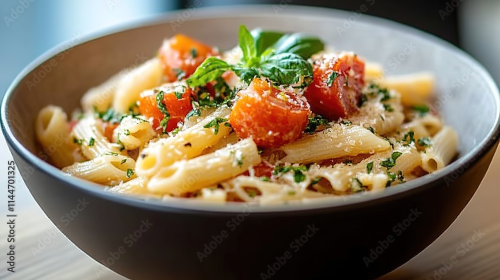 Photograph of a penne pasta dish, a trendy culinary creation with tomato and basil in a bowl Photograph of a penne pasta dish, a trendy culinary creation with tomato and basil in a bowl