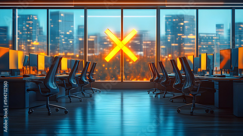 Wallpaper Mural Empty Office at Night, Cityscape View, X Symbol, Desk Setup Torontodigital.ca