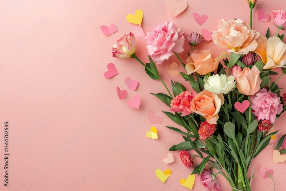 Spring flowers and paper hearts on pink table for Mothers Day. Spring flowers and paper hearts on pink table for Mothers Day.