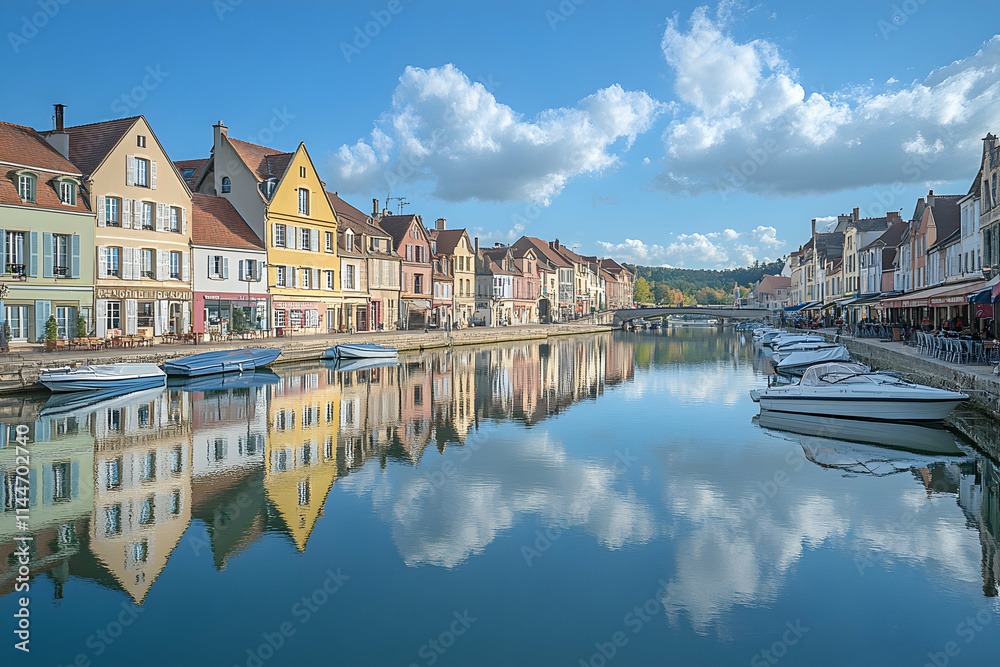 Obraz premium Canal-side Houses Reflect in Calm Water, Sunny Day