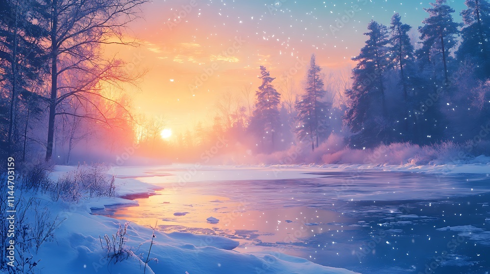 Magical winter sunrise over a snowy river and forest. Magical winter sunrise over a snowy river and forest.