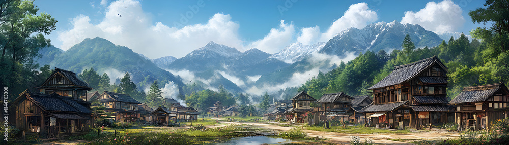 Mountain Village nestled amidst lush greenery and towering peaks, showcasing traditional architecture under a vibrant sky. Mountain Village nestled amidst lush greenery and towering peaks, showcasing traditional architecture under a vibrant sky.